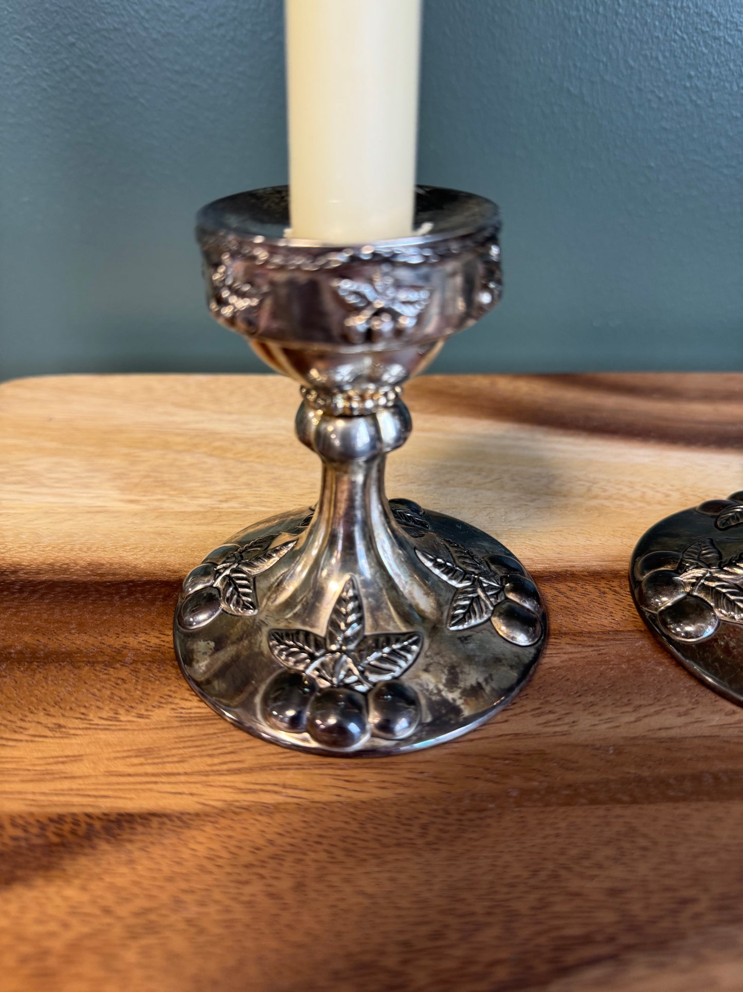 Silver Cherry Candlestick Holders