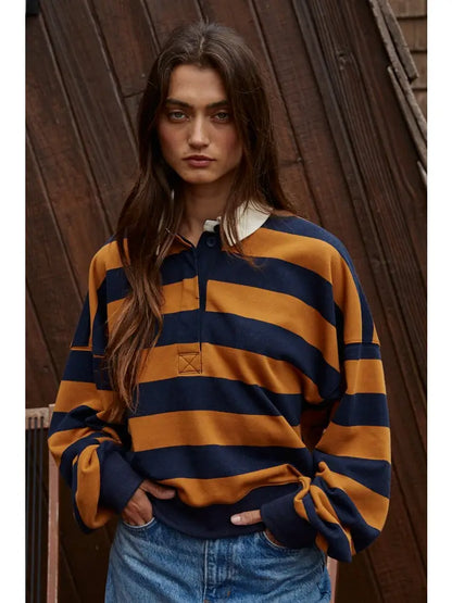 Knit Striped Half Button Up