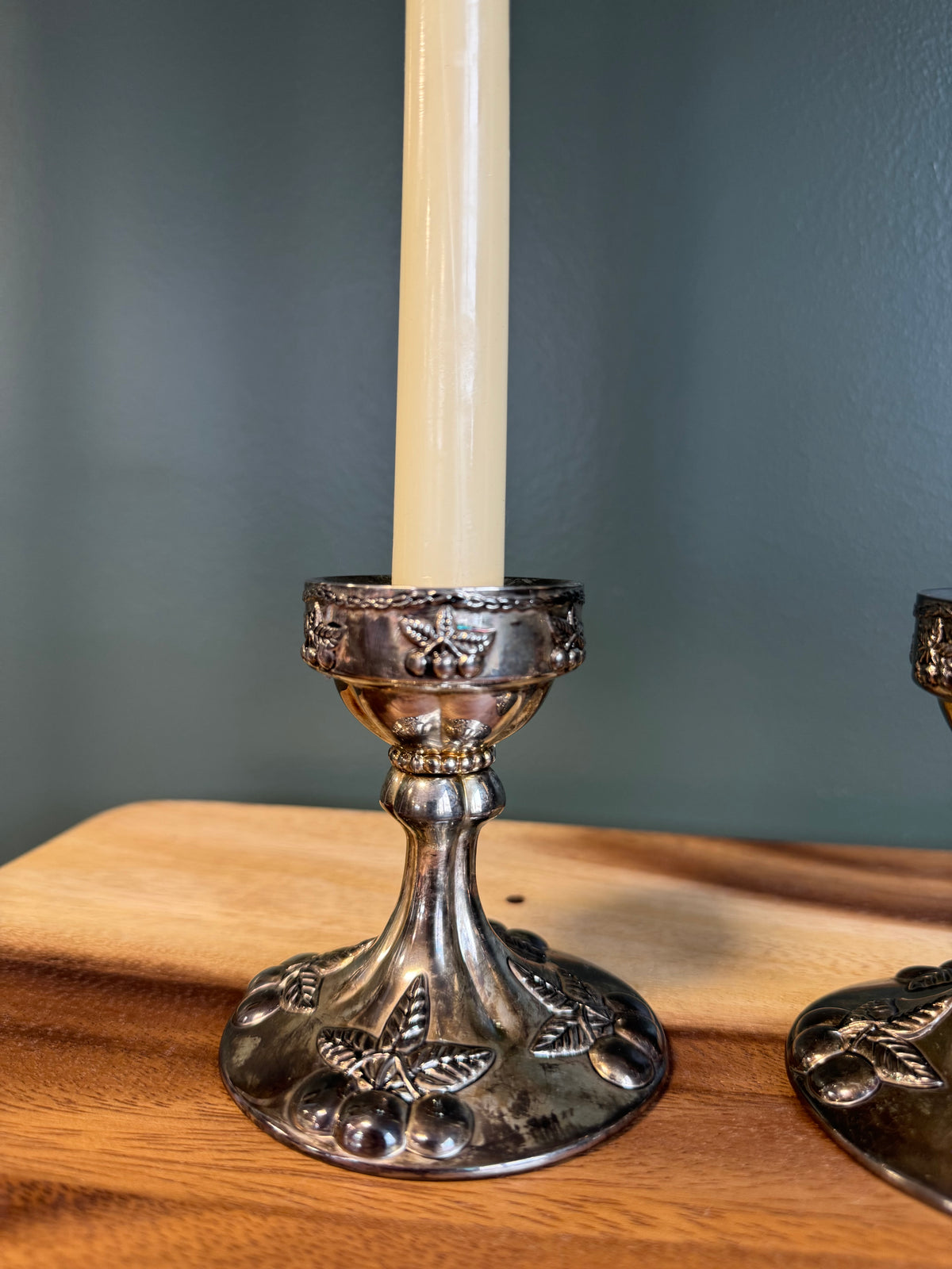 Silver Cherry Candlestick Holders
