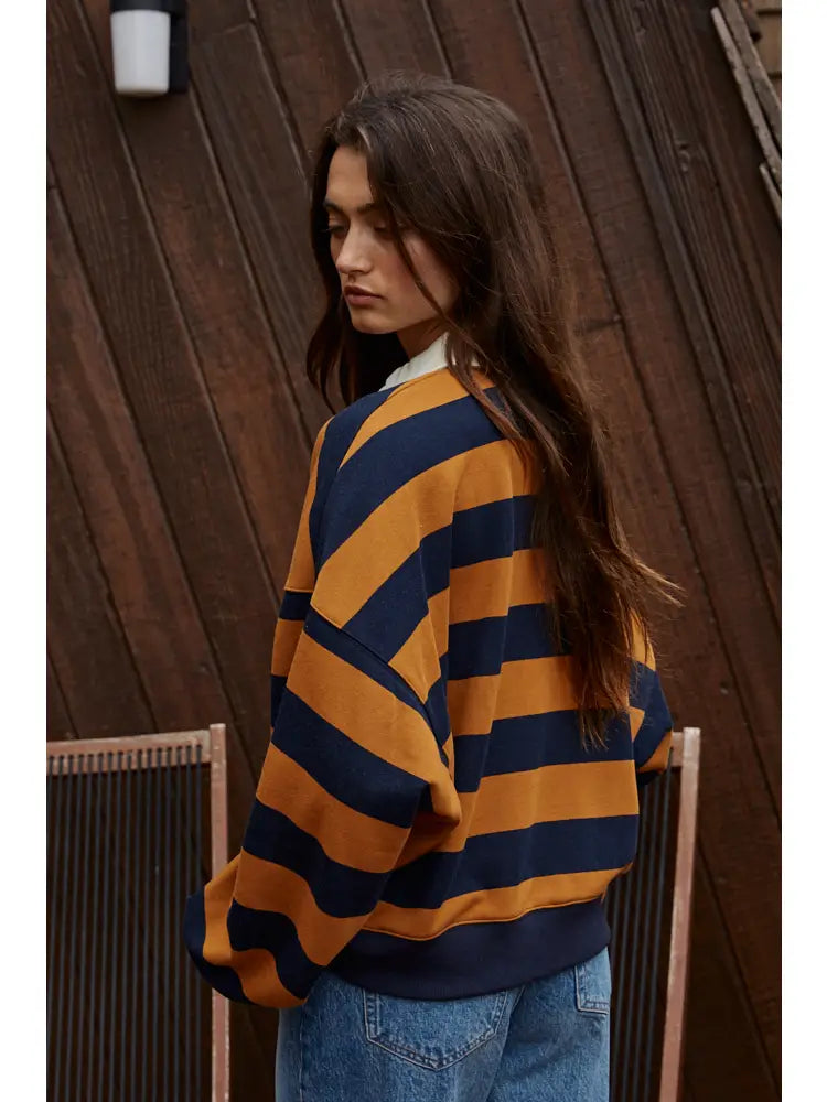 Knit Striped Half Button Up