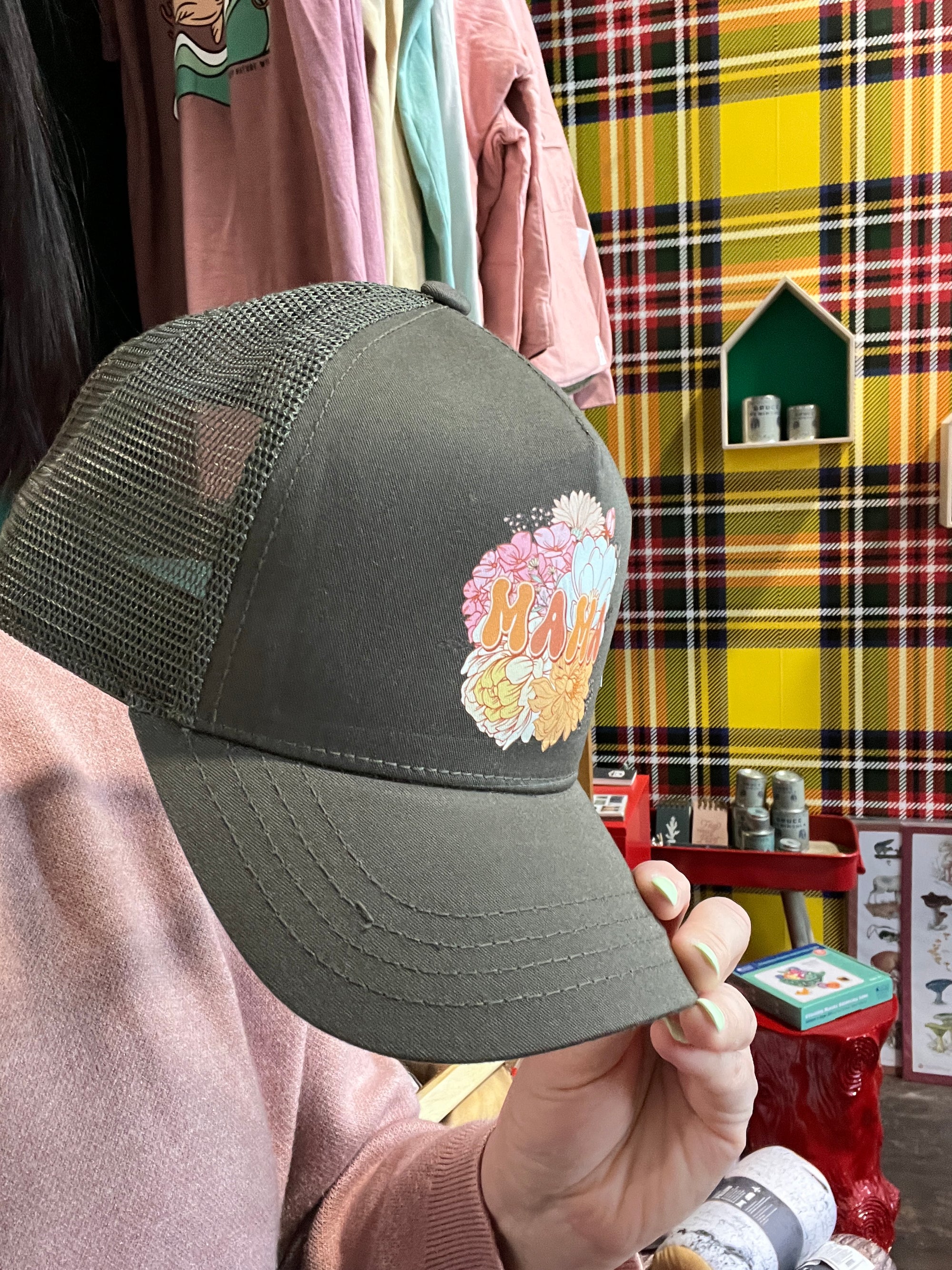 MAMA Floral Olive Trucker hat