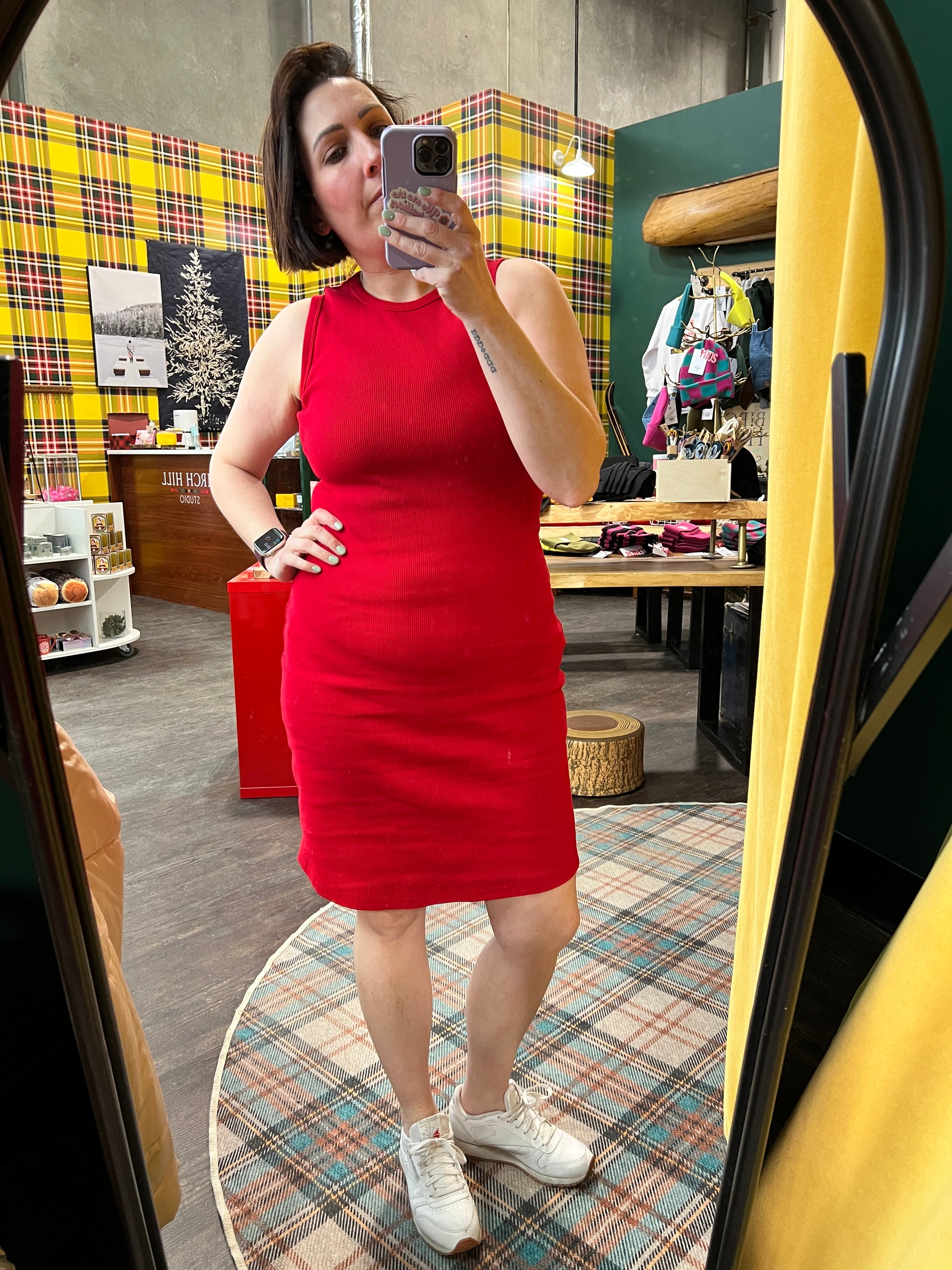 Red Rib Knit Shift Dress